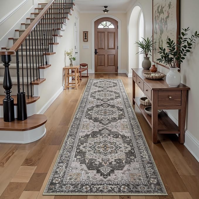 Tangsoo Vintage 2.6x10 Hallway Runner Rugs, Washable Non Slip Rug Runners | Oriental Soft Low Pile Long Rug, Boho Farmhouse Print Indoor Carpet Runners for Living Room Kitchen Bedroom Grey Home Decor
