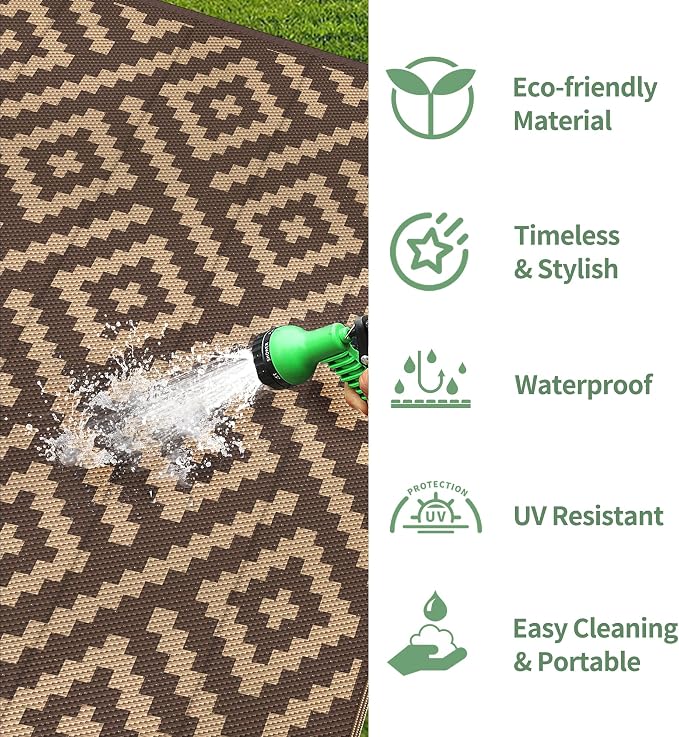 GENIMO Outdoor Rug for Patio Clearance, 6'x9' Reversible Plastic Straw Rugs, Lightweight Waterproof RV Camping Mat for Camper, Balcony, Deck, Backyard, Picnic, Coffee & Brown