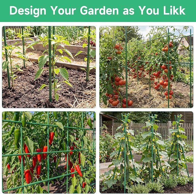 100 Pcs Tomato Stakes 16 Inch Garden Stakes for Outdoor Plants Support Plastic Coated Metal Plant Stakes Supports for Climbing Potted Plants with 50 Connectors 50 Rotatable Clips 165 Ft Twist Tie