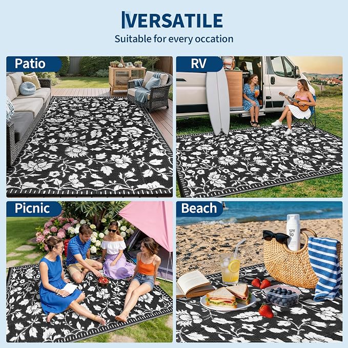 Garvee 5x8 Outdoor Rug Waterproof Vintage Floral Plastic Straw Rugs, Camping Rugs for Outside Your RV, Foldable Lightweight Reversible Carpet with Portable Bag for Patio Backyard Beach Camper, Black