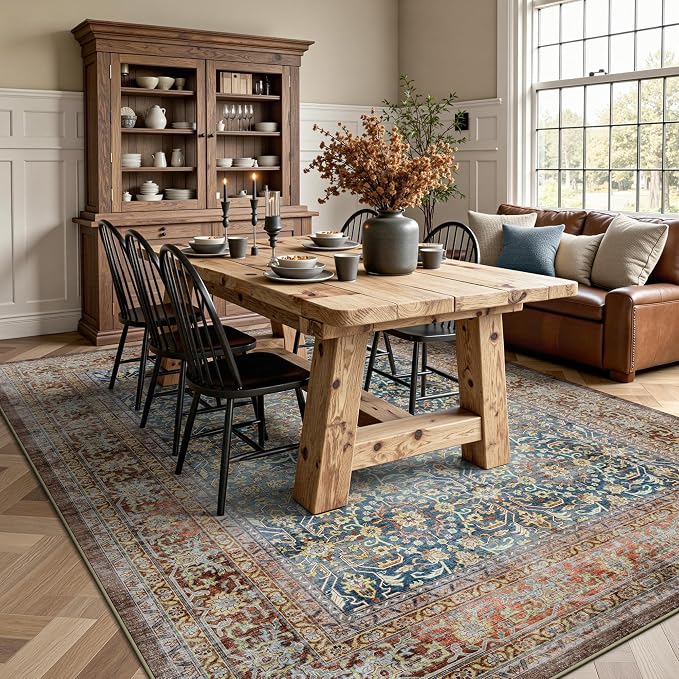 6x9 Area Rugs - Washable Vintage Retro Living Room Rug, Soft Ultra Thin Non Slip Low Pile Distressed Boho Traditional Carpet for Bedroom Dining Room Nursery Home Office, Rust Clay