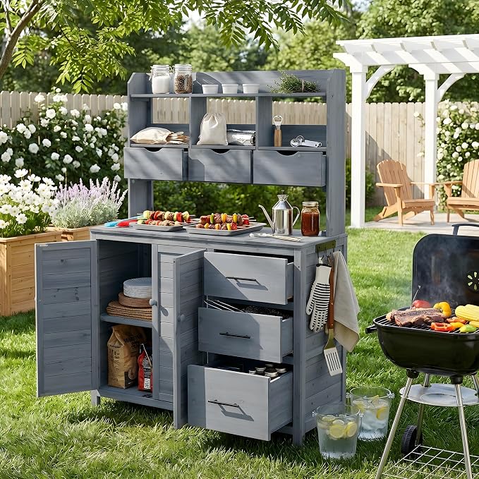 Merax Farmhouse Potting Bench with 6 Drawers, 44.6” Large Garden Workstation, Outdoor Kitchen Island with Bottom Cabinet & Hooks, Freestanding Patio Furniture,Gray