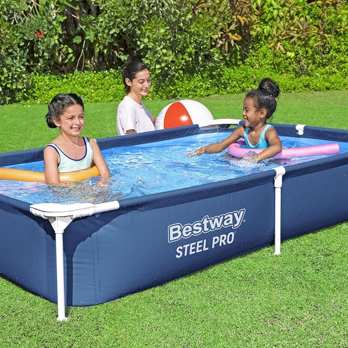 Bestway 56401 Steel Pro Pool | Swimming Pool, Rectangle Above Ground Fast Set Pool, Children’s Detachable Pool, Multiple Sizes, Blue, 221 x 150 x 43 cm | Rectangular Frame Swimming Pool, Puncture-Rust Resistant Garden Pool, Easy Assemble