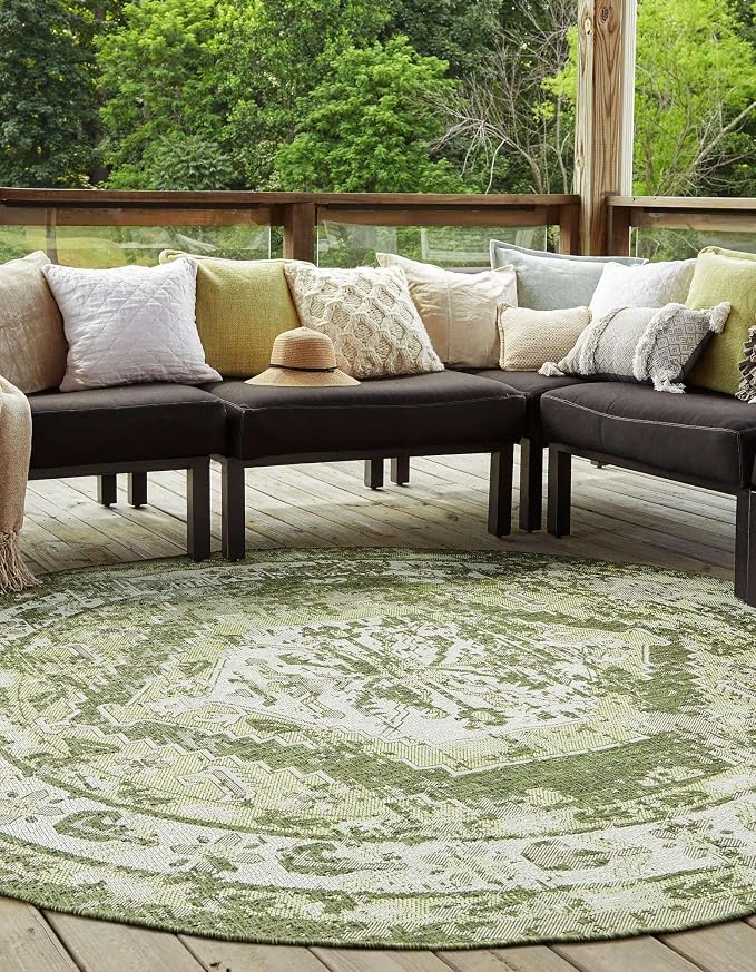 Unique Loom Outdoor Traditional Collection Area Rug - Valeria (4' 1" Round, Green/ Light Green)