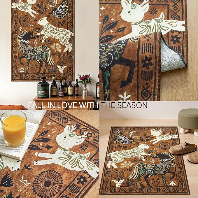 jinchan 5x7 Cute Area Rug Kids Washable Fun Rug Earthy Brown Starlit Boho | Soft, Cozy, Non-Slip, Kid-Friendly, Animal, Lightweight, Entryway, Kitchen, Dorm, Bedroom, Living Room, Playroom, Nursery