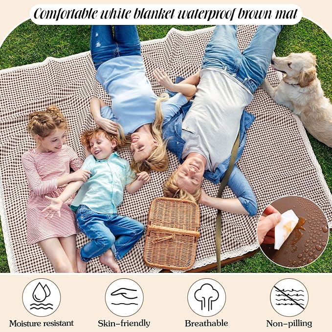 VitalCozy Waterproof Picnic Blankets 59 x 78in Outdoor Blanket Foldable 2 in 1 Double Layer Sandproof Beach Mat with Carry Strap for Camping Lawn Park Beach Grass(Coffee White)
