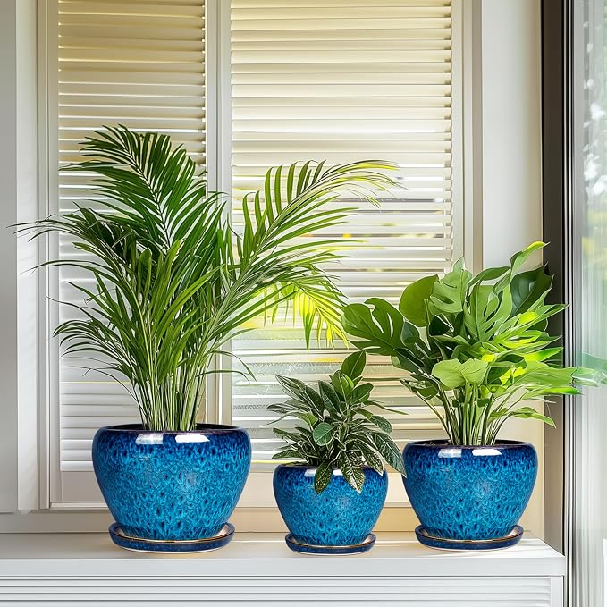 Ceramic Plant Pots Indoor, 10 Inch 8 Inch 6 Inch Round Planters Pots for Indoor Outdoor Plants, Modern Large Flower Pots with Drainage Holes and Saucers, Set of 3, Blue