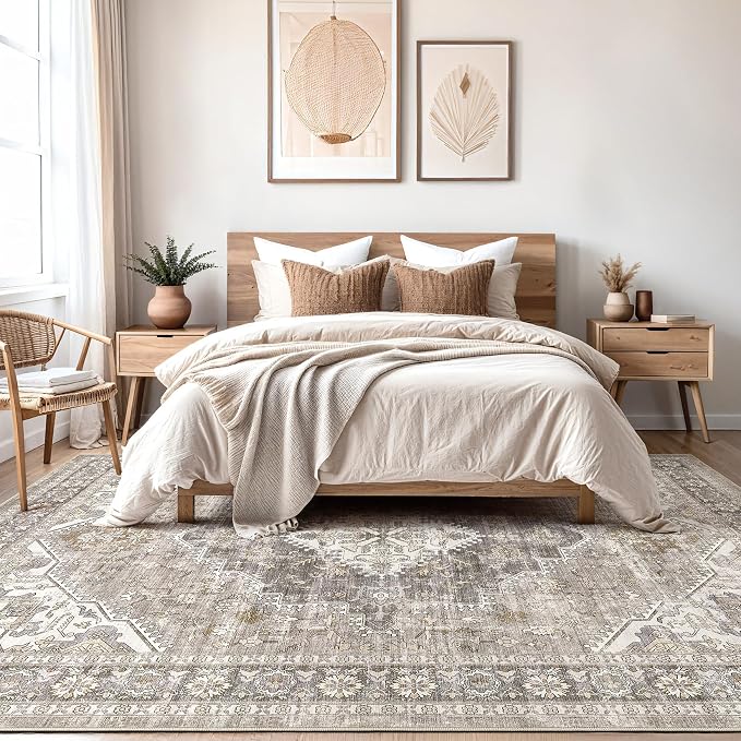 DTICON Vintage Washable 6x9 Area Rug Living Room Rugs, Taupe | Boho Distressed, Pet & Kid Friendly, Non-Slip Backing, Soft Polyester, Low-pile Carpet for Living Room, Bedroom, Dining Room