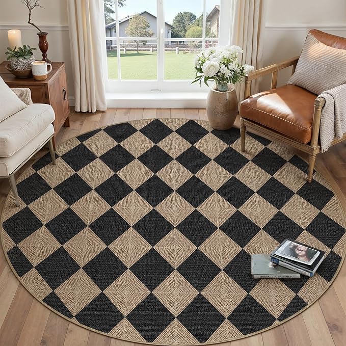 PureCozy Checkered Round Rugs 6ft, Outdoor Patio Easy Jute Rug Indoor Outdoor Circle Carpet, Farmhouse Nature Textured Diamond Non Shedding Non Slip Washable Black Carpet for Living Room Entry Deck