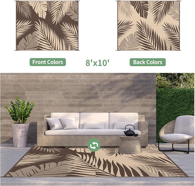 GENIMO Outdoor Rug 8' x 10' Waterproof for Patios Clearance, Reversible Outdoor Plastic Straw Camping Rug Carpet, Large Area Rugs Mats for RV, Camper, Deck, Balcony, Porch, Beach, Picnic, Coffee&Beige