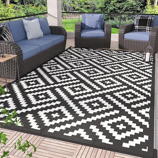 GENIMO 5'x8' Outdoor Rug Waterproof, Reversible Mats, Outdoor Area Rug, Plastic Outside Carpet, Geometric Rv Mat for Patio Camping Rv Picnic Backyard Deck Balcony Porch Beach Trailer (Black & White)