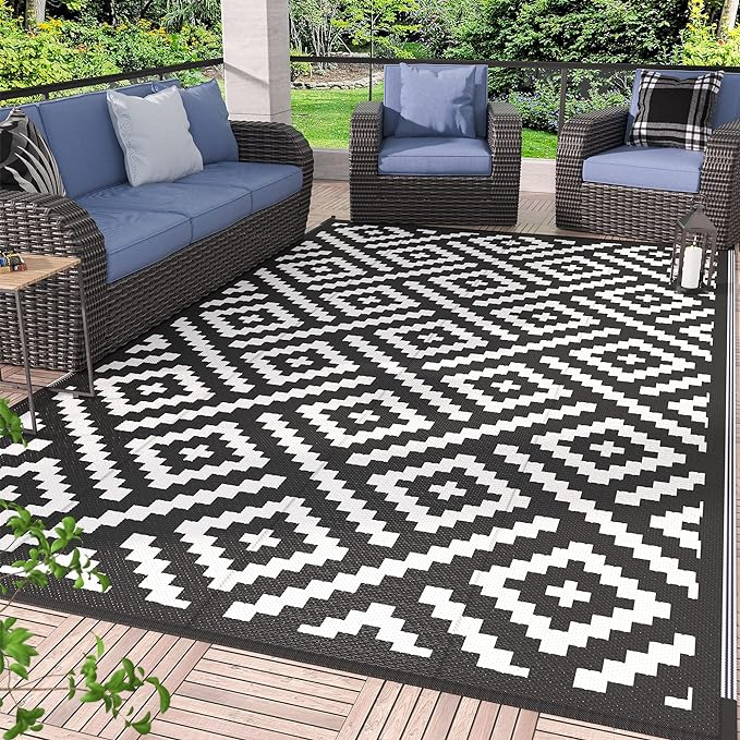 GENIMO Outdoor Rug for Patio Clearance,9'x12' Waterproof Large Mat,Reversible Plastic Camping Rugs,Rv,Porch,Deck,Camper,Balcony,Backyard,Black & White