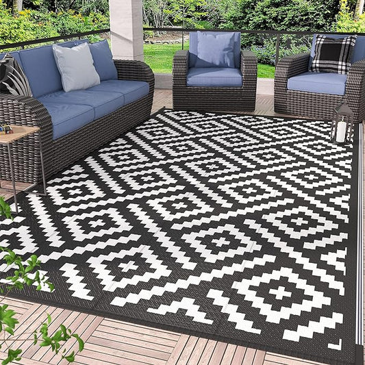 GENIMO Outdoor Rug for Patio Clearance,9'x12' Waterproof Large Mat,Reversible Plastic Camping Rugs,Rv,Porch,Deck,Camper,Balcony,Backyard,Black & White