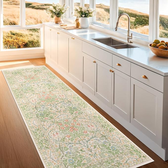 Vintage Beige Green 2'6" x 8' Runner Rug for Kitchen, Hallway, Bathroom, Entryway Indoor, Laundry Room, Washable Non Slip Rubber Backing Stain Resistant