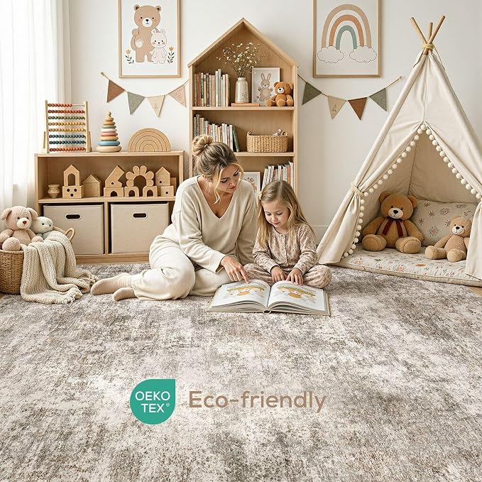 Nakagishi 8X10 Abstract Washable Area Rugs for Living Room-Brown | Modern Non-Slip Silicone Backing Low Pile Soft Carpet for Bedroom Dining Decor Ideal for Families with Kids and Pets