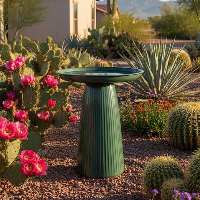 Sunnydaze Gleeful Garden 23" Iron Pedestal Bird Bath for Outside - Modern Shallow Basin Birdbath for Outdoors with UV-Protected Rust-Resistant Finish for Patio, Garden, Yard Decor - Green Glaze
