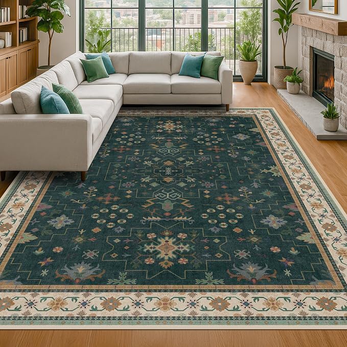 Dark Green Oushak Living Room Rug 10x12 - Modern Vintage Boho Eclectic Floral Pastel, Washable Low Pile Non-Slip Extra Large Area Rugs for Dining Under Table Bedroom Lounge