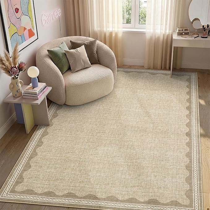 GarveeHome Scalloped 3x5 Rug Washable Non-Slip Low-Pile Indoor Rugs for Entryway Solid Tan Jute Digital Printing Modern Carpet for Kitchen Bedroom Living Room Bathroom Indoor Mat