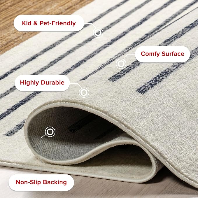 nuLOOM Keeva Beige Striped Power Loomed Area Rug, 4' x 6' 5" | nuLOOM 4' x 6' 5" Fringed Performance Area Rug, Beige