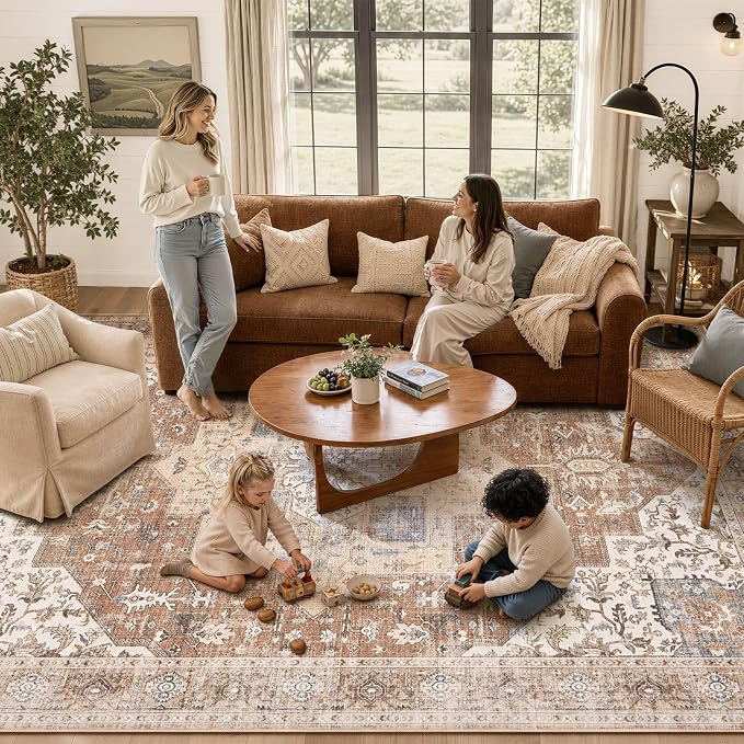 DTICON Vintage Washable 10x14 Area Rug Living Room Rugs, Brick Red | Boho Distressed, Pet & Kid Friendly, Non-Slip Backing, Soft Polyester, Low-pile Carpet for Living Room, Bedroom, Dining Room