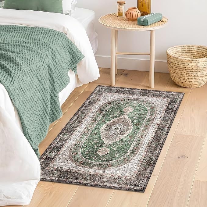 Small Rugs 2x3,Green Rug for Entryway Bathroom Entrance Doormat | Boho Vintage Bohemian Distressed Washable Oriental Accent Floor Throw Carpet Non Slip