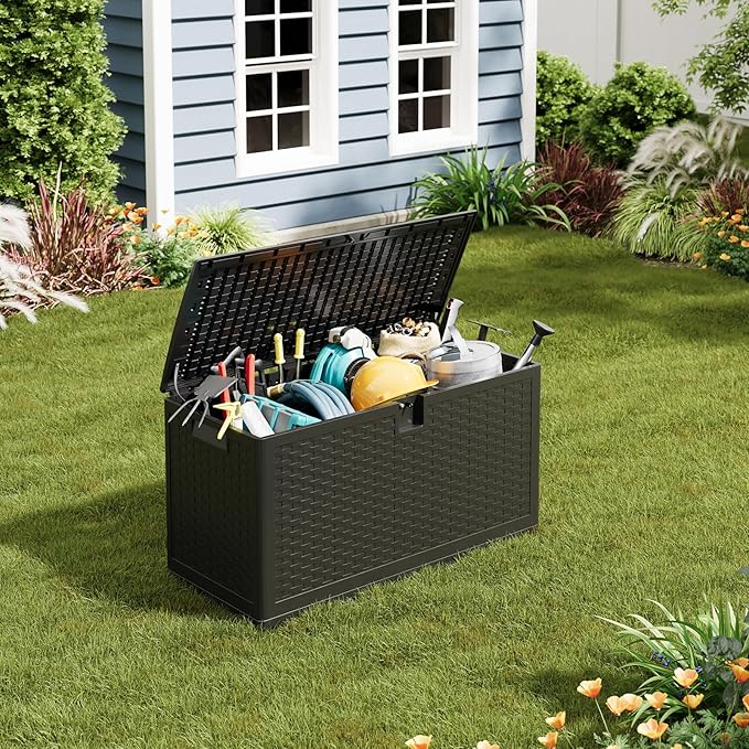 IDEALHOUSE 73 Gallon Resin Deck Box, Waterproof Outdoor Storage Box with Lockable Lid & UV Resistant, Patio Furniture Cushion Storage Container for Garden, Backyard, Poolside (Black)