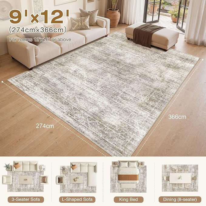 cotiled Boho 9x12 Area Rugs for Living Room: Large Moroccan Washable Rug | Solve Modern Neutral Trendy Home Decor - Stain Resistan Carpet for Bedroom Farmhouse Dining Room Brown Grey
