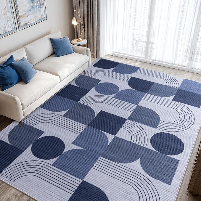 Soft Modern Geometric Abstract Large Machine Washable 6x9 Area Rug | Blue Rugs for Bedroom Living Room, Non-Shedding Faux Wool Indoor Throw Floor Carpet for Office Entryway Dining Room Decor