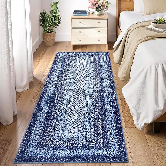 RUGSREAL Braided Print Runner Rug 2x8 Machine Washable Hallway Runner Rugs | Entryway Long Throw Carpet Non Slip Kitchen Mat Living Room Rustic Carpet for Bedroom Dining Room, Navy