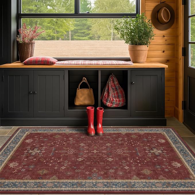 Turkish 4x6 Rug for Living Room Small - Area Rug for Kitchen, Bedside, Foyer Large Entryway Indoor - Washable Stain Resistant Non Slip, Unique Victorian Art Deco, Maroon & Burgundy