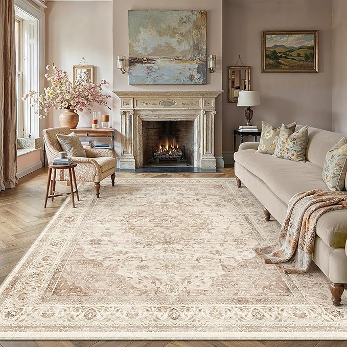 10x14 Beige Washable Area Rug Non Slip Vintage Carpet | Low Pile, Stain Resistant, Living Room, Kitchen, Bedroom, Nursery, Office, Dining Room, Hallway, Soft, Large, Lightweight