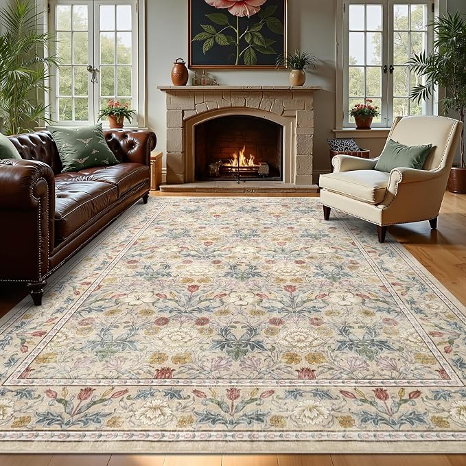GarveeHome Area Rugs 8x10 for Living Room, Beige Floral Large Washable Rug Soft Non Slip Carpet Indoor Thin Accent Rug for Bedroom Dining Room Playroom Nursery Home Decor