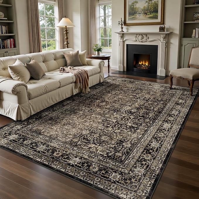 6x9 Area Rugs - Washable Vintage Retro Living Room Rug, Soft Ultra Thin Non Slip Low Pile Traditional Distressed Boho Carpet for Bedroom Dining Room Nursery Home Office, Brown