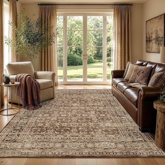 4x6 Ft Area Rugs for Living Room, Soft Non-Slip Machine Washable Rug, Vintage Stain Resistant Carpets for Bedroom Nursery Dining Room Home Decor (Brown)
