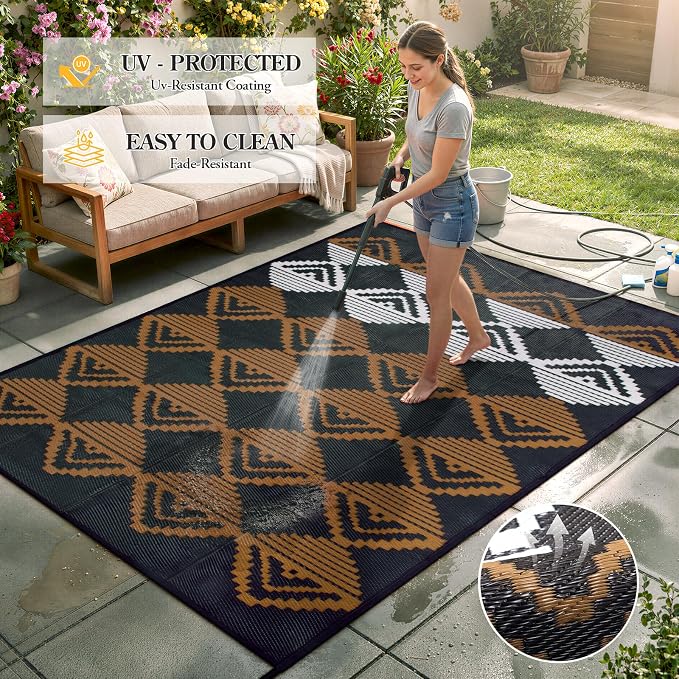 Beeiva Outdoor Rug 8x10 Waterproof for Patio, Reversible Outdoor Patio Rug for Deck, Backyard, RV Camping, Plastic Straw Rug Black Brown
