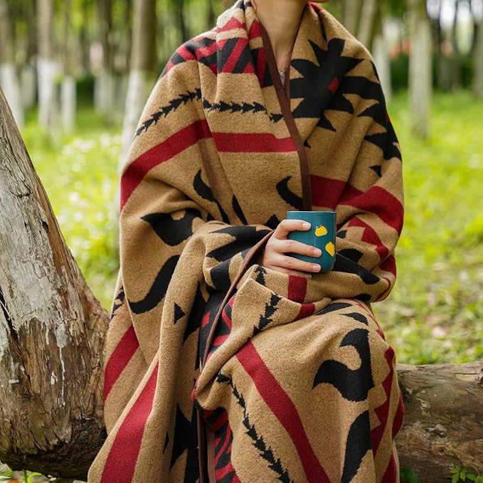 PuTian Merino Wool Blanket, Fire Light Tan, 87" x 63" | Warm, Thick, Washable, Super Soft Striped, For Outdoors, Camping, Couch, Bed, Travel