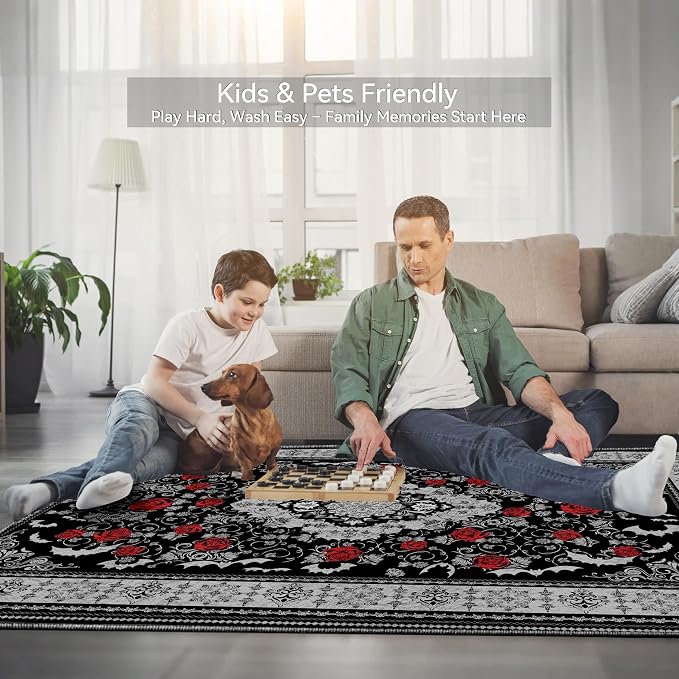 Nayoroom Dark Academia Gothic Black Area Rug, Machine Washable, 8 x 10 ft | Dark academia gothic style; Soft, non-shedding surface; Easy Clean; Non-slip backing; Living, dining or bedroom