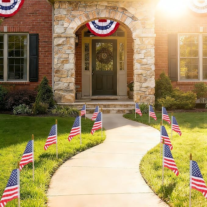 HOOSUN 12 Pcs Small American Flags On Stick,4th of July Decorations Small USA Flag On Stick,Mini 4''x6'' American Flags for Outside,Fourth of July Flag for Yard Lawn,Patriotic Memorial Day Decorations