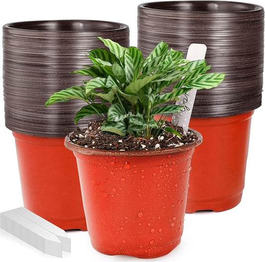 LWWTBS Plant Nursery Pot/Pots 100 Pcs 4" Plastic Small Plants Pots Flower Pots Seed Starting Pots for Plants Indoor Outdoor Seedling pots (with 100 Plant Labels)
