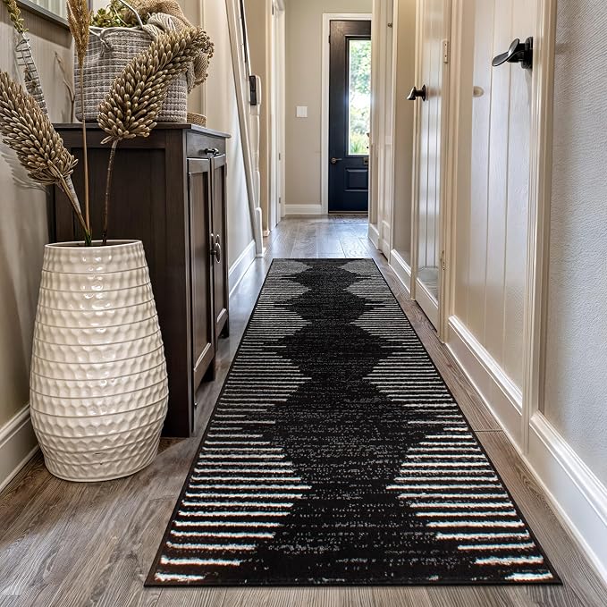 Rugshop Bohemian Stripe Stain Resistant Runner Rug Black 2'7" x 10' | High Traffic, Rectangular, Size 2'7" x 10', Living Room, Bedroom, Dining Room, Home Office, Kitchen, Entryway, Hallway