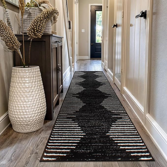 Rugshop Bohemian Stripe Stain Resistant Runner Rug Black 2'7" x 12' | High Traffic, Rectangular, Size 2'7" x 12', Living Room, Bedroom, Dining Room, Home Office, Kitchen, Entryway, Hallway
