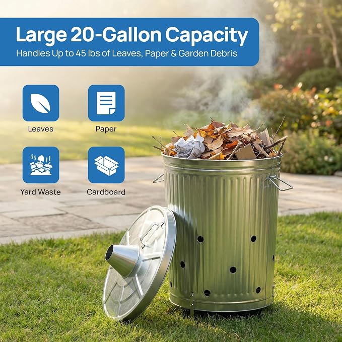 Gardenised 20-Gallon Galvanized Steel Incinerator Can with Lid & Vent Holes, High-Heat Outdoor Burn Bin for Leaves, Paper, Yard Waste & Garden Debris, Silver