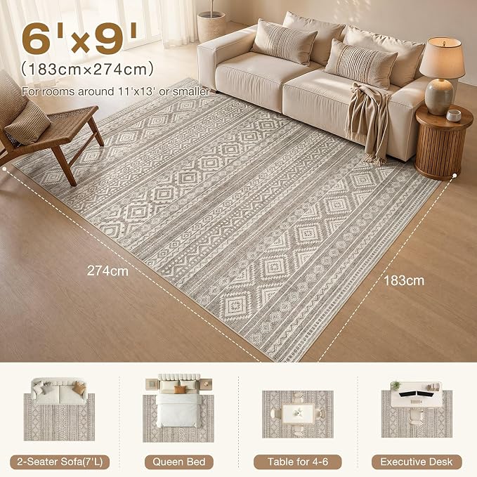 cotiled 6x9 Area Rugs for Living Room: Boho Washable Rug for Dining Room | Stain Resistan Indoor Soft Carpet for Bedroom Nursery Coffee Brown