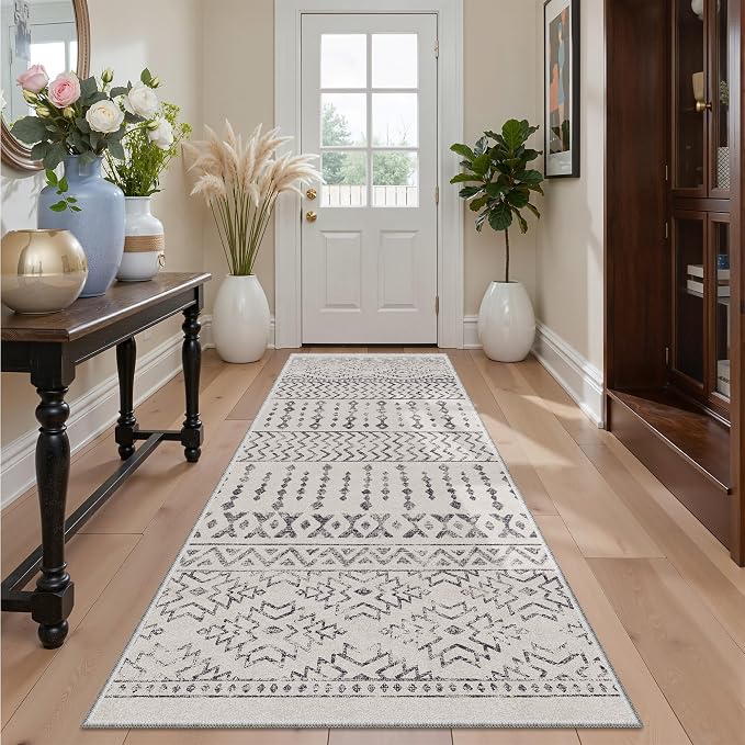 Art&Tuft 2x5 Runner Rug Non Slip, Washable Rug Runners for Hallways,Ivory | Low Pile, Moroccan Soft & Lighweight, Folable, Stain Resistant 5ft Carpet Runners for Entryway,Kitchen,Living Room,Bedroom