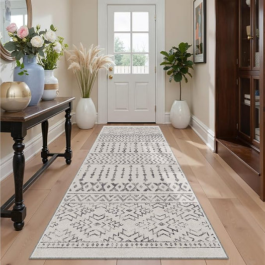 Art&Tuft 2x5 Runner Rug Non Slip, Washable Rug Runners for Hallways,Ivory | Low Pile, Moroccan Soft & Lighweight, Folable, Stain Resistant 5ft Carpet Runners for Entryway,Kitchen,Living Room,Bedroom
