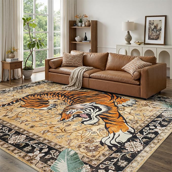 DCX Washable 6x9 Tiger Area Rug, Brown Vintage Animal Rug for Living Room, Soft Low Pile Carpet, Kid & Pet Friendly with Rubber Back Non Slip, Stain Resistant Rug for Bedroom Dining Room Office