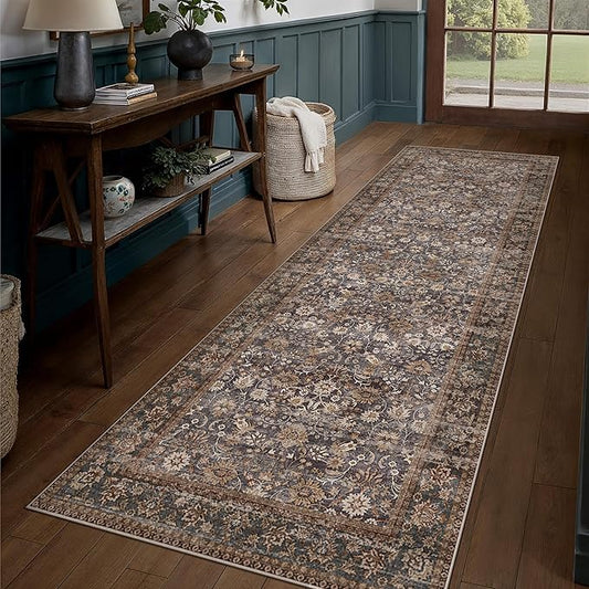 HUGEAR 2x6 Runner Rug Machine Washable Tradition Brown Hallway Area Rugs Indoor Accent Rugs Floral Low Pile Carpet Distressed Throw Rug Bedroom Living Room Office Dining Kitchen Laundry Non Slip