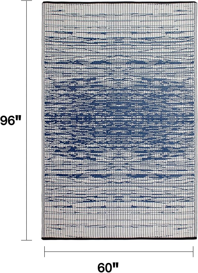 Fab Habitat Outdoor Rug - Waterproof, Fade Resistant, Crease-Free, Reversible - Premium Recycled Plastic - Distressed Abstract Stripes - Patio, Porch, Deck, Balcony - Brooklyn - Blue - 5 x 8 ft