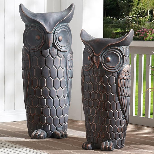 Wallowa Large Outdoor and Indoor Statue, 40"-32" inches Garden Sculptures & Statues, Faux Stone Owl Sculpture Set of 2, Garden Decoration, Large Free Standing Statue for Living Room, Porch, Backyard