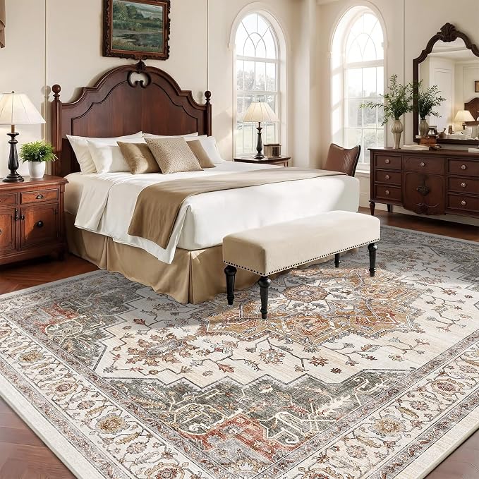 8x10 Area Rug for Living Room Large Washable Vintage Area Rug | Non-Slip, Retro Print, Low Pile, Stain Resistant Carpet, Ultral Soft, Distressed Indoor Rug, for Bedroom Dining Room Nursery